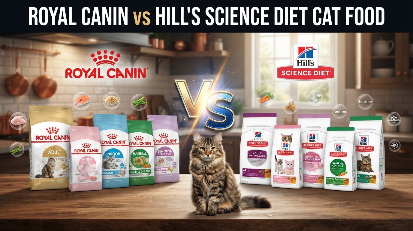 Royal Canin vs Hill's Science Diet cat food comparison featuring five products from each brand and a healthy tabby cat in a modern kitchen.