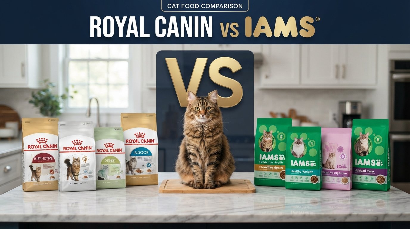 Royal Canin vs IAMS cat food comparison featuring products from both brands and a healthy tabby cat.