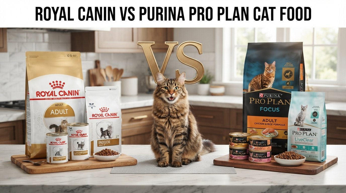 Royal Canin vs Purina Pro Plan Cat Food comparison featuring products from both brands and a healthy tabby cat.