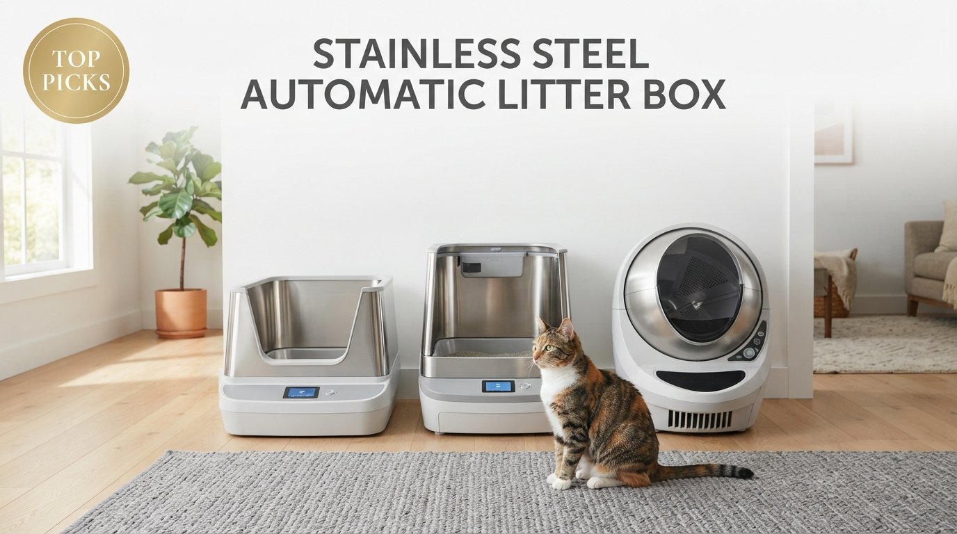 Stainless steel automatic litter box featuring self-cleaning litter boxes with durable stainless steel interiors in a modern home.