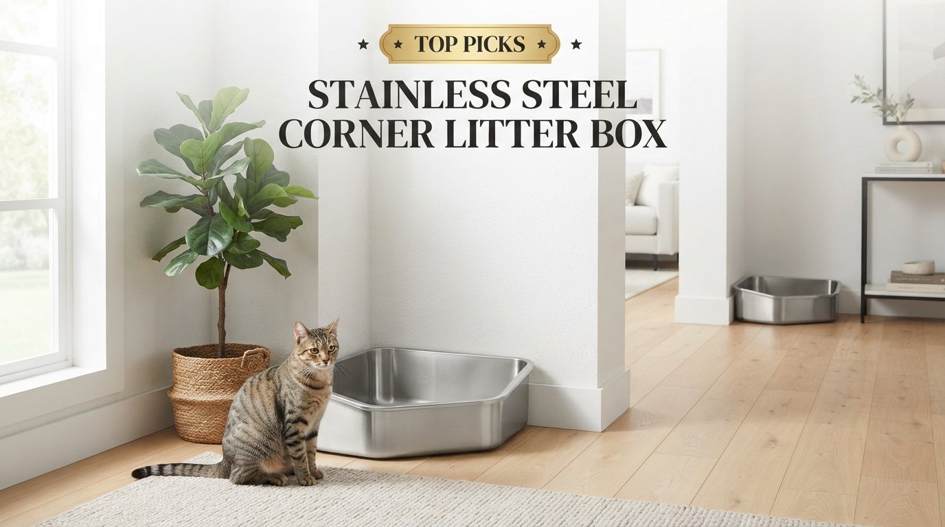 Stainless steel corner litter box featuring space-saving stainless steel litter boxes for indoor cats in a modern home.