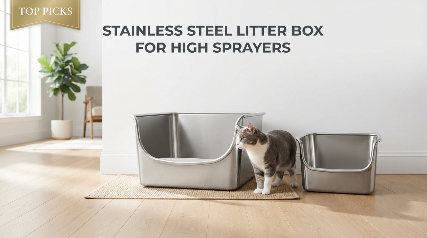 Stainless steel litter box for high sprayers featuring high-sided litter boxes that help reduce urine spray and mess in a modern home.