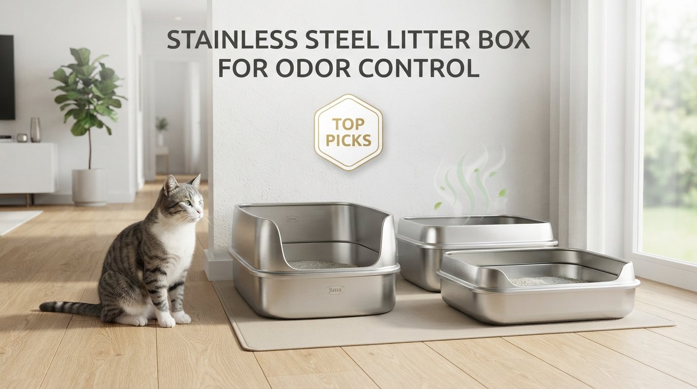 Stainless steel litter box for odor control featuring durable, easy-to-clean litter boxes that help reduce litter box odors in a modern home.