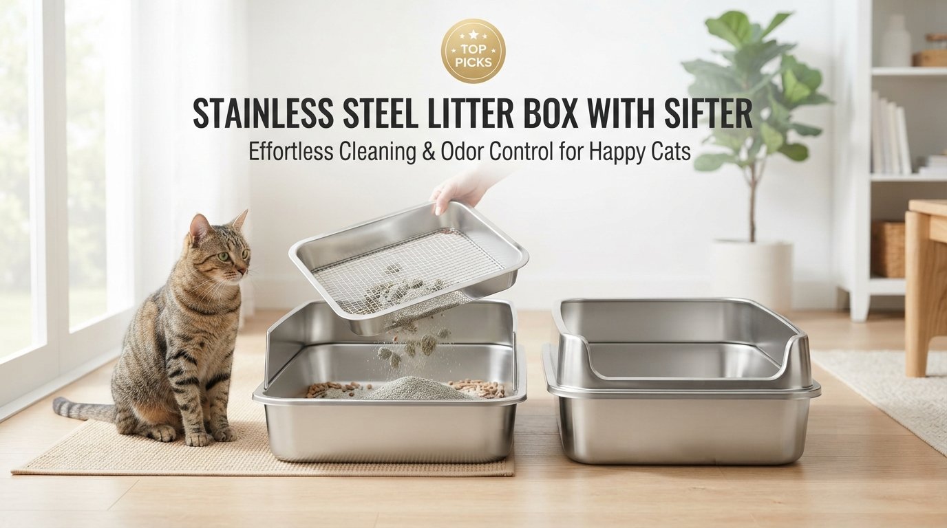 Stainless steel litter box with sifter featuring durable litter boxes with removable sifting trays for easy cleaning in a modern home.