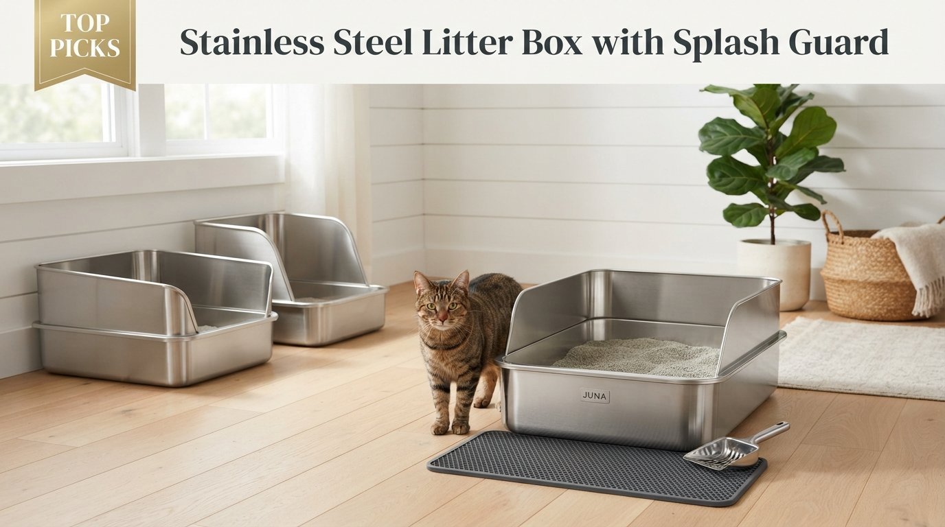 Stainless steel litter box with splash guard featuring durable high-sided litter boxes that help reduce urine spray and keep floors clean.