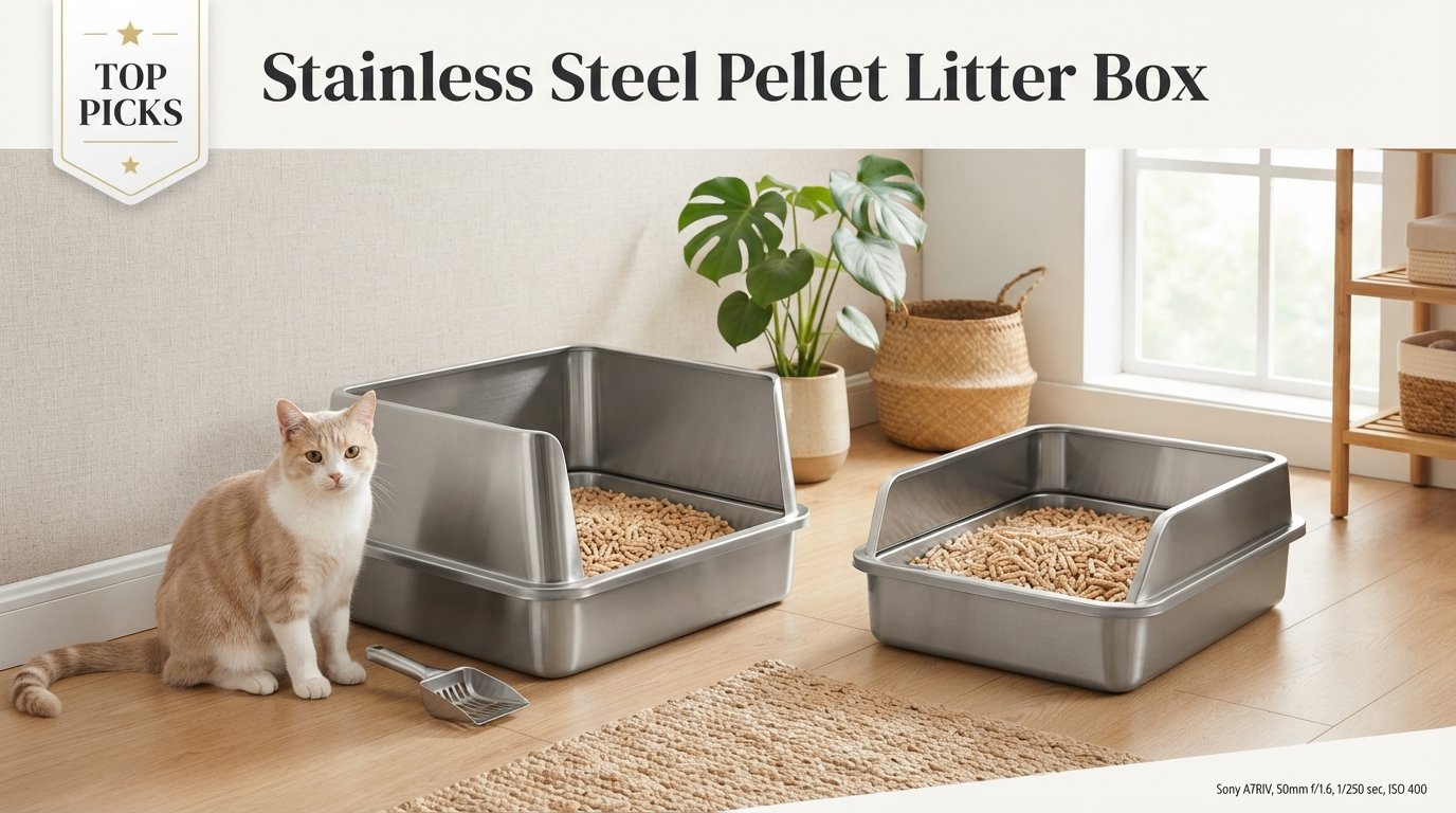 Stainless steel pellet litter box featuring durable litter boxes designed for wood and paper pellet cat litter in a modern home.