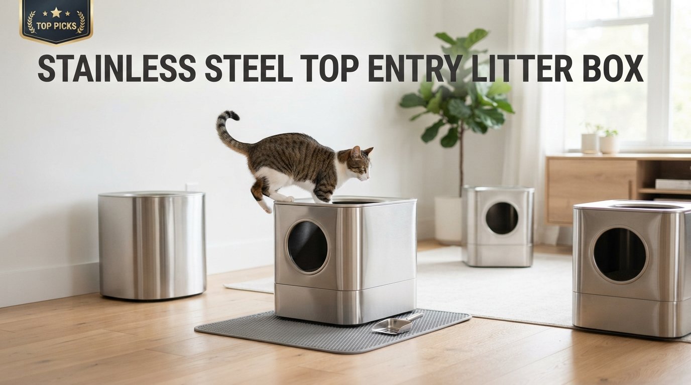 Stainless steel top entry litter box featuring durable top-entry litter boxes for indoor cats in a modern home.