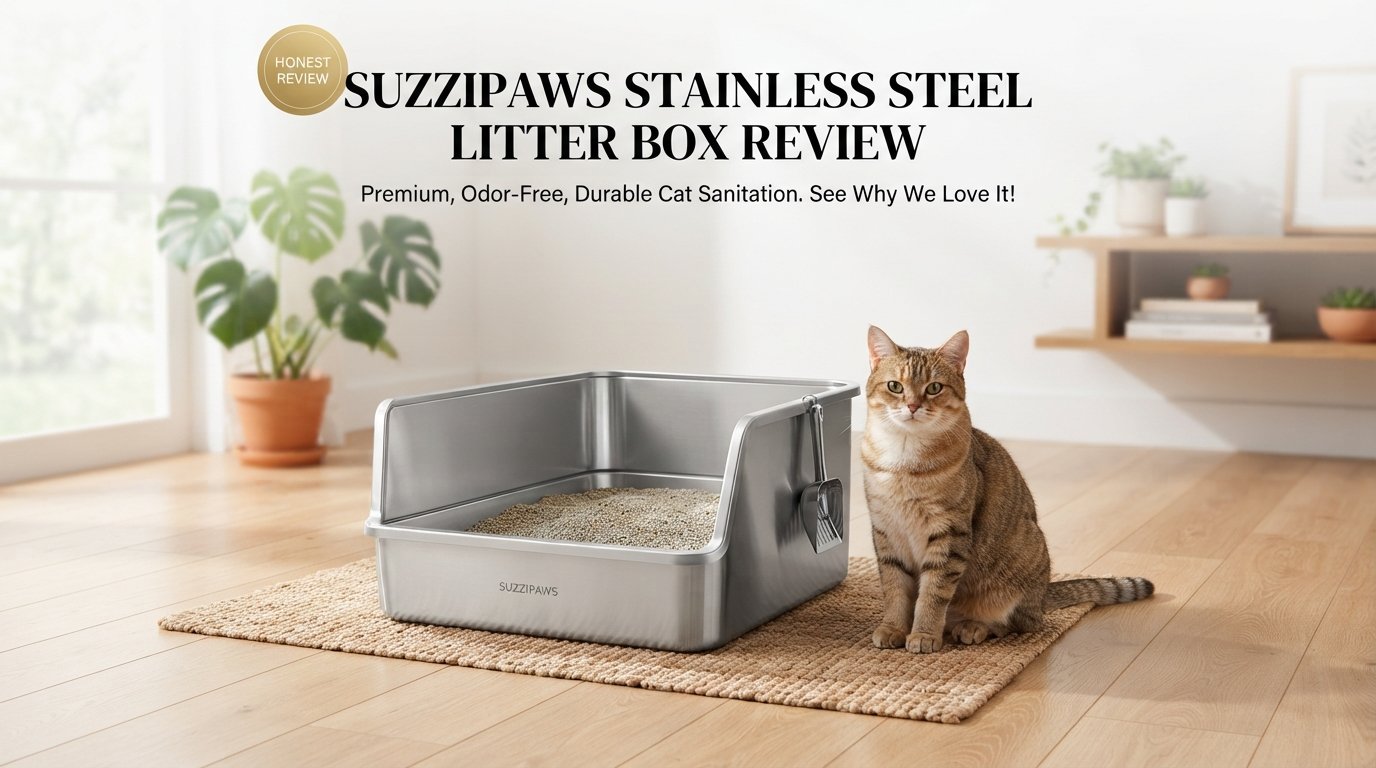 Suzzipaws Stainless Steel Litter Box Review showing a durable stainless steel litter box with high sides in a modern home.
