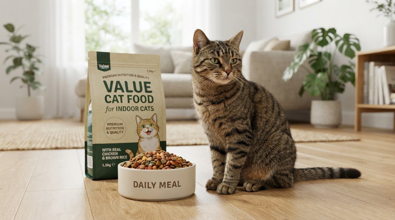 Value cat food for indoor cats displayed with a healthy indoor tabby cat and affordable premium cat food in a modern living room.