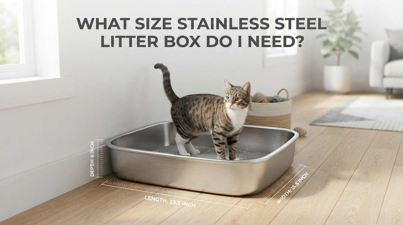 What Size Stainless Steel Litter Box Do I Need? showing a spacious stainless steel litter box with size measurements for indoor cats.