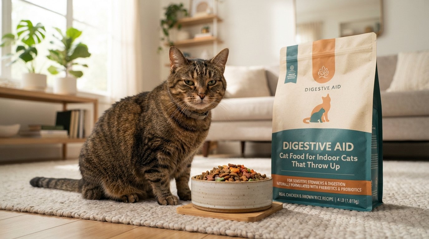 Cat food for indoor cats that throw up displayed with a healthy indoor tabby cat and premium digestive support formula in a modern living room.