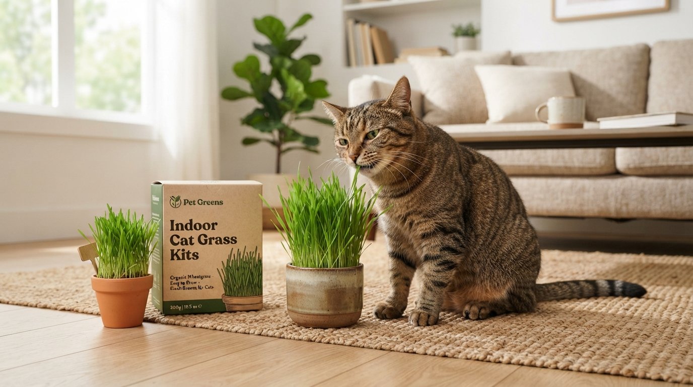 Indoor cat grass kits with a healthy tabby cat eating fresh cat grass in a modern living room setting.