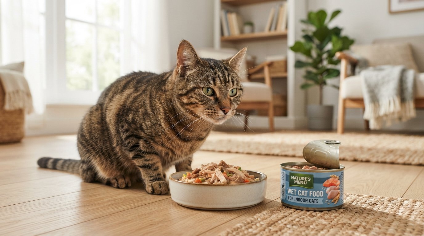 Wet cat food for indoor cats displayed with a healthy indoor tabby cat and premium wet food in a modern living room.