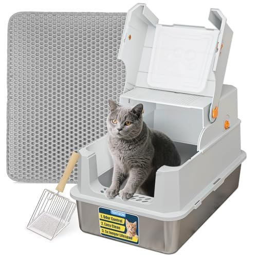TENTIZON Stainless Steel Cat Litter Box with Lid, Large Cove