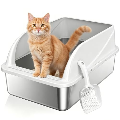 OneBug Stainless Steel High Sides Cat Litter Box with Scoop,