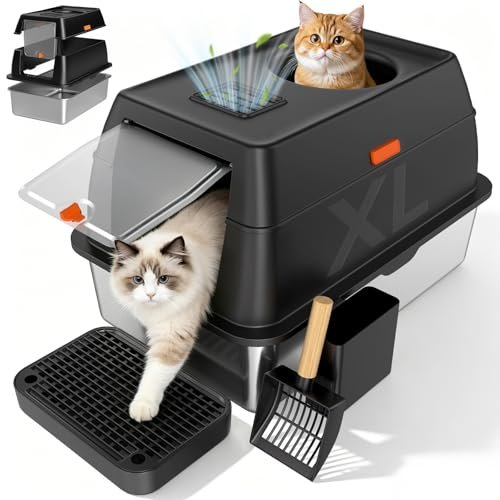 Tevila Extra Large Stainless Steel Litter Box with Lid, High