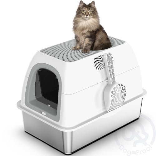 Stainless Steel Top Entry Litter Box with Dog-Proof, Hooded 