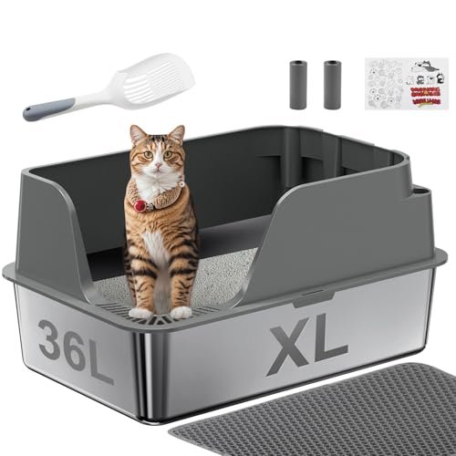 Non-stick Stainless Steel Litter Box, XL Side Opening Splash