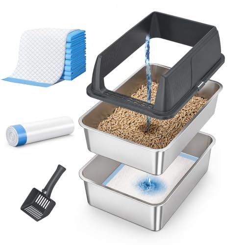 Gimars Stainless Steel Sifting Litter Box with Lid for Large