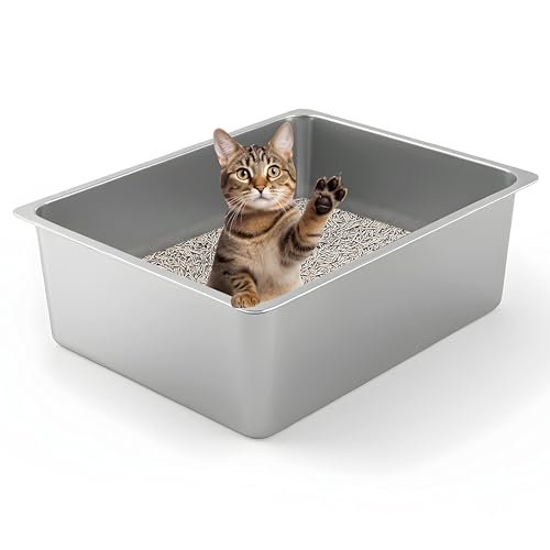 Kirecoo Large High Sided Stainless Steel Cat Litter Box, Non