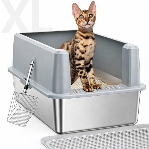 Stainless Steel Cat Litter Box, XL High Sided Litter Pan wit