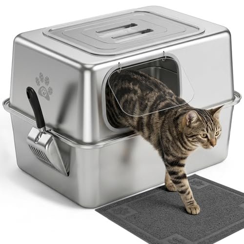 Ptlom Enclosed Stainless Steel Litter Box for Larg