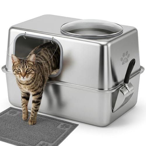 Large Enclosed Stainless Steel Cat Litter Box with Mat & Sco