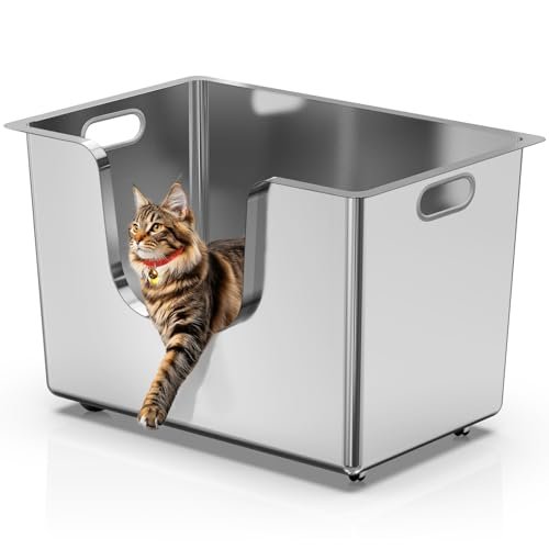 Enclosed Stainless Steel Cat Litter Box 13.8” High Sides, Ex