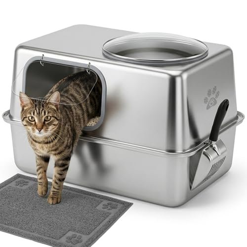 Enclosed Stainless Steel Cat Litter Box with Lid, Leak-Proof