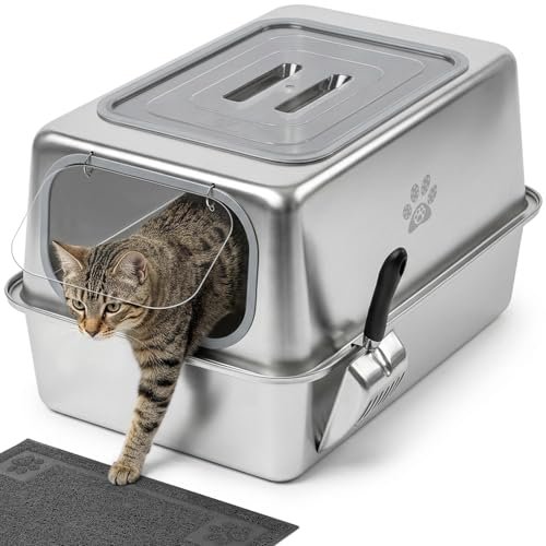 Ptlom Enclosed Stainless Steel Litter Box for Large Cats, Le