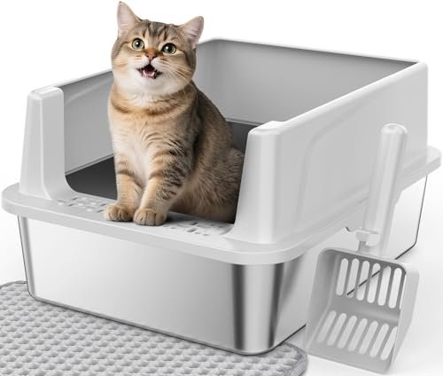FURTIME Stainless Steel Cat Litter Box, Easy-Clean High-Side