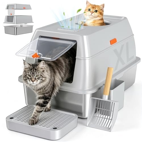 Tevila XL Enclosed Stainless Steel Litter Box with Lid, Ligh