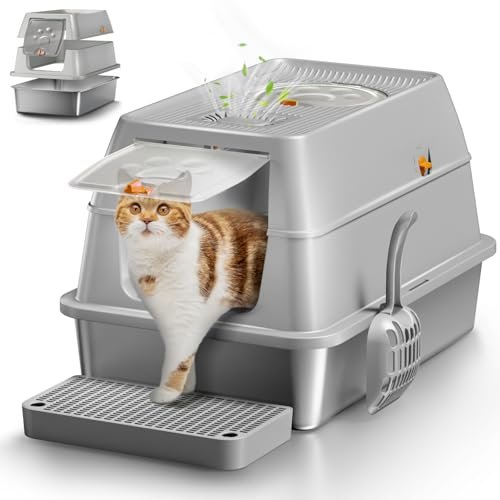 Eosarcu Stainless Steel Cat Litter Box with Lid, XL Large En