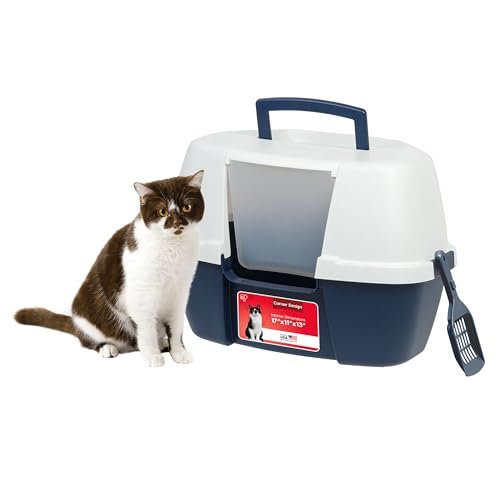 IRIS USA Large Corner Cat Litter Box, Space Saver, Navy/Whit