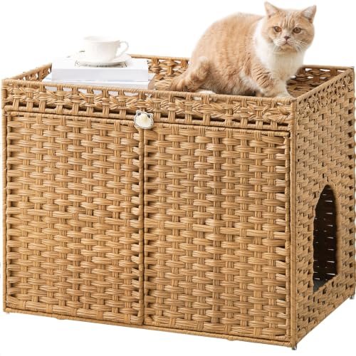 SETVSON Cat Litter Box Enclosure Furniture, Handwoven Rattan