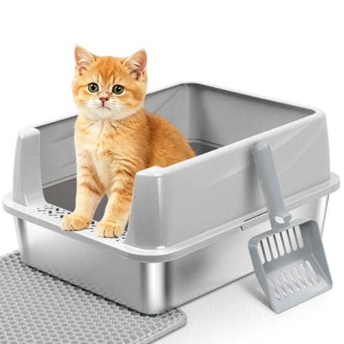 FUTAM Stainless Steel Litter Box with Lid, Metal Litter Box 