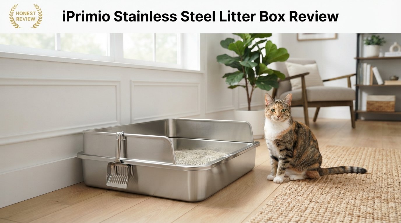 iPrimio Stainless Steel Litter Box Review showing a durable stainless steel litter box with high sides in a modern home.