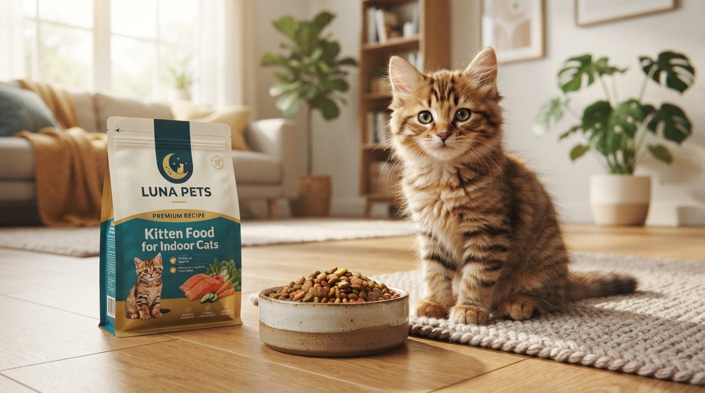 Kitten food for indoor cats displayed with a healthy indoor kitten and premium kitten formula in a modern living room.