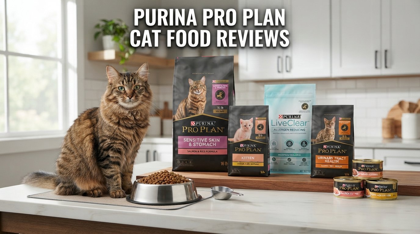 Purina Pro Plan review cat guide featuring premium Purina Pro Plan cat food products and a healthy tabby cat.
