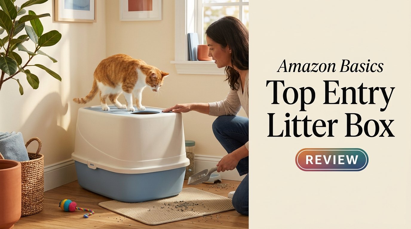 Amazon Basics Top Entry Litter Box Review featuring the litter box and a curious cat in a stylish home.