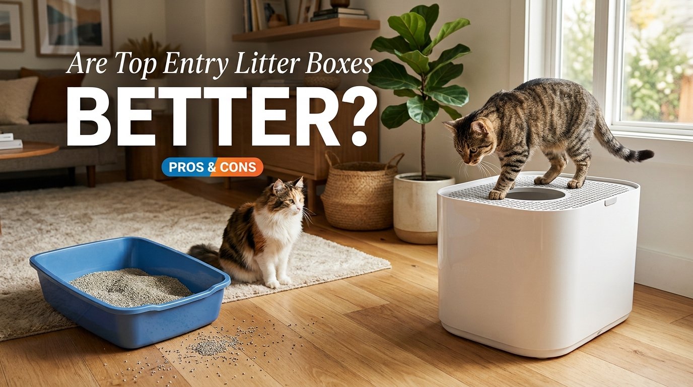 Are Top Entry Litter Boxes Better? A cat exploring a modern top entry litter box setup while comparing comfort, cleanliness, privacy, and everyday use.
