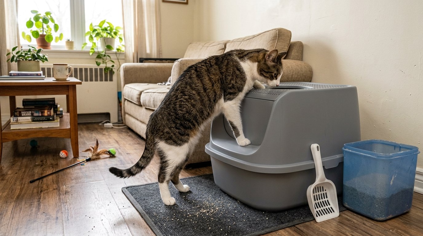 Budget Top Entry Litter Box with a cat using an affordable litter box at home