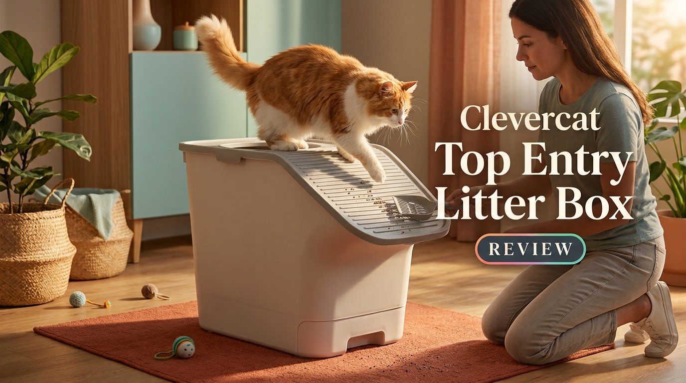 Clevercat Top Entry Litter Box Review showing a cat using the textured top-entry litter box in a colorful modern home.