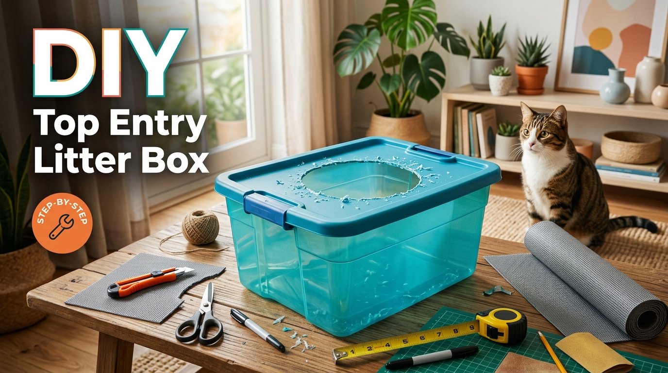 DIY Top Entry Litter Box made from a plastic storage bin.