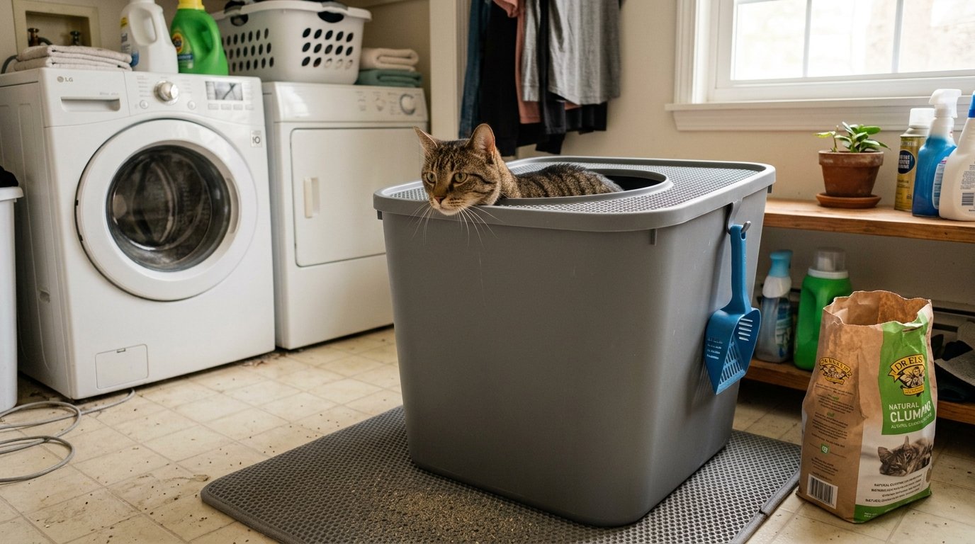 Deep Top Entry Litter Box with a cat comfortably using the deep litter area