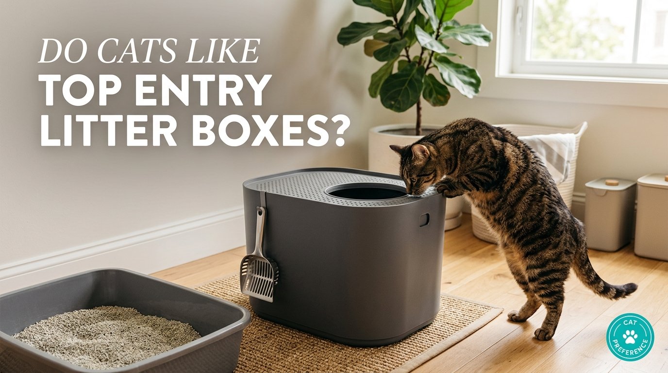 Do Cats Like Top Entry Litter Boxes? A curious cat exploring a top-entry litter box while comparing comfort, privacy, accessibility, cleanliness, and everyday use.