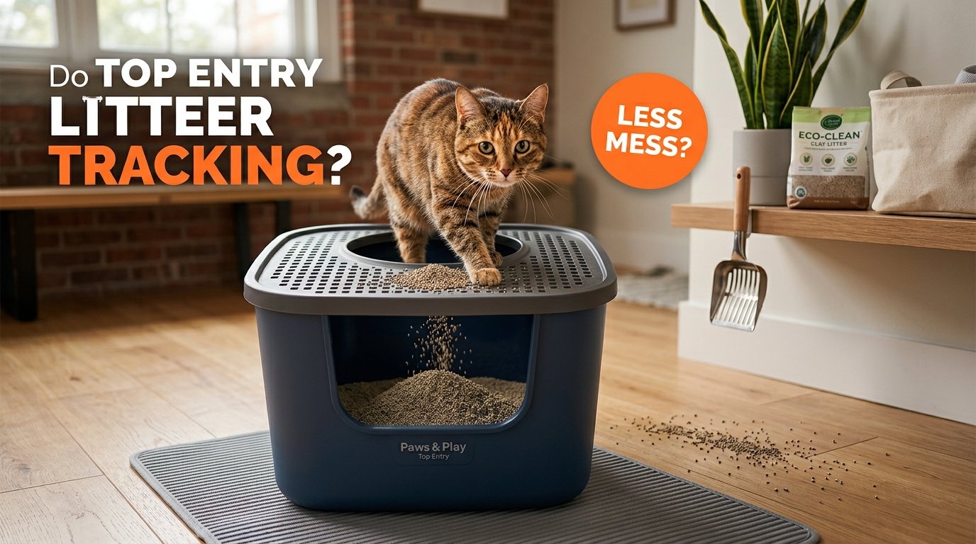 Do Top Entry Litter Boxes Reduce Litter Tracking? A cat leaving a top-entry box with litter-catching features designed to help keep loose litter off the floor.