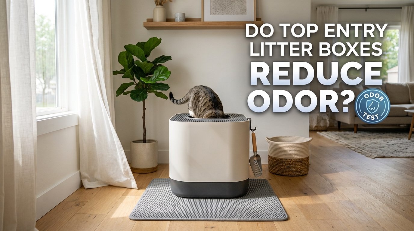 Do Top Entry Litter Boxes Reduce Odor? Cat beside a clean litter box.