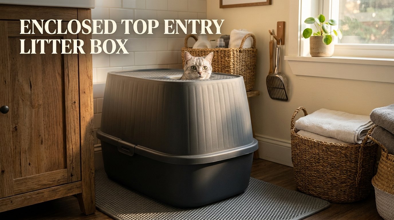 Enclosed Top Entry Litter Box with a cat emerging through the covered top entrance in a modern home.