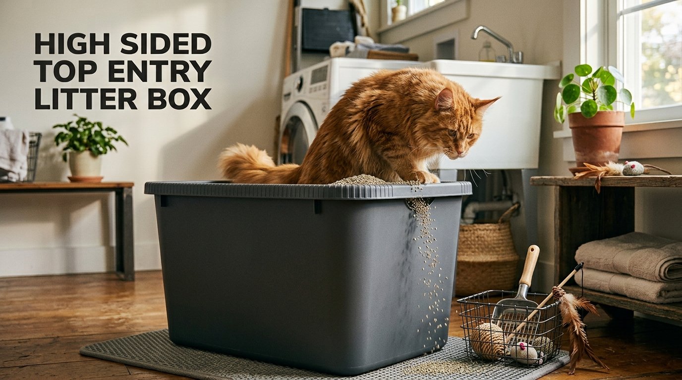 High Sided Top Entry Litter Box with a fluffy cat climbing out of a deep, tall-sided litter box.